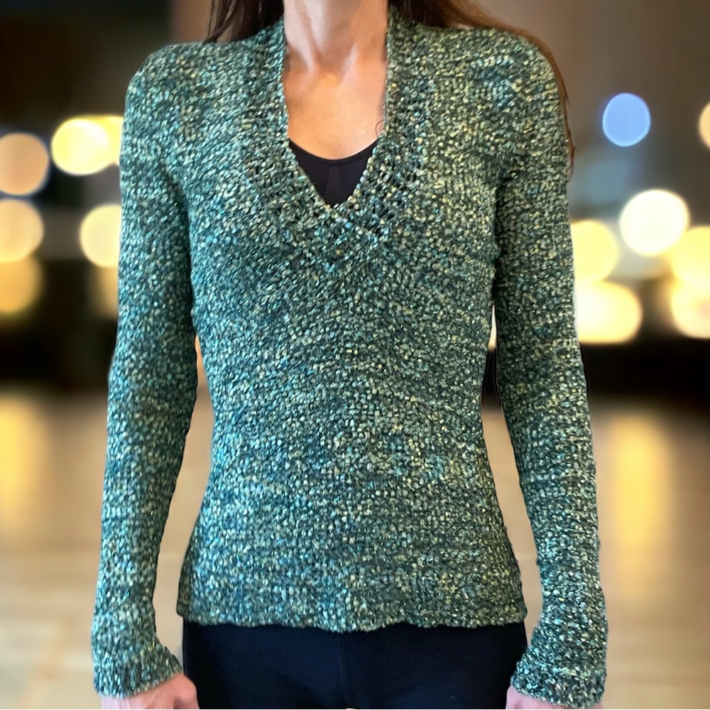 Douglas Hannant, legendary, designer, metallic thread cocktail sweater, Size S